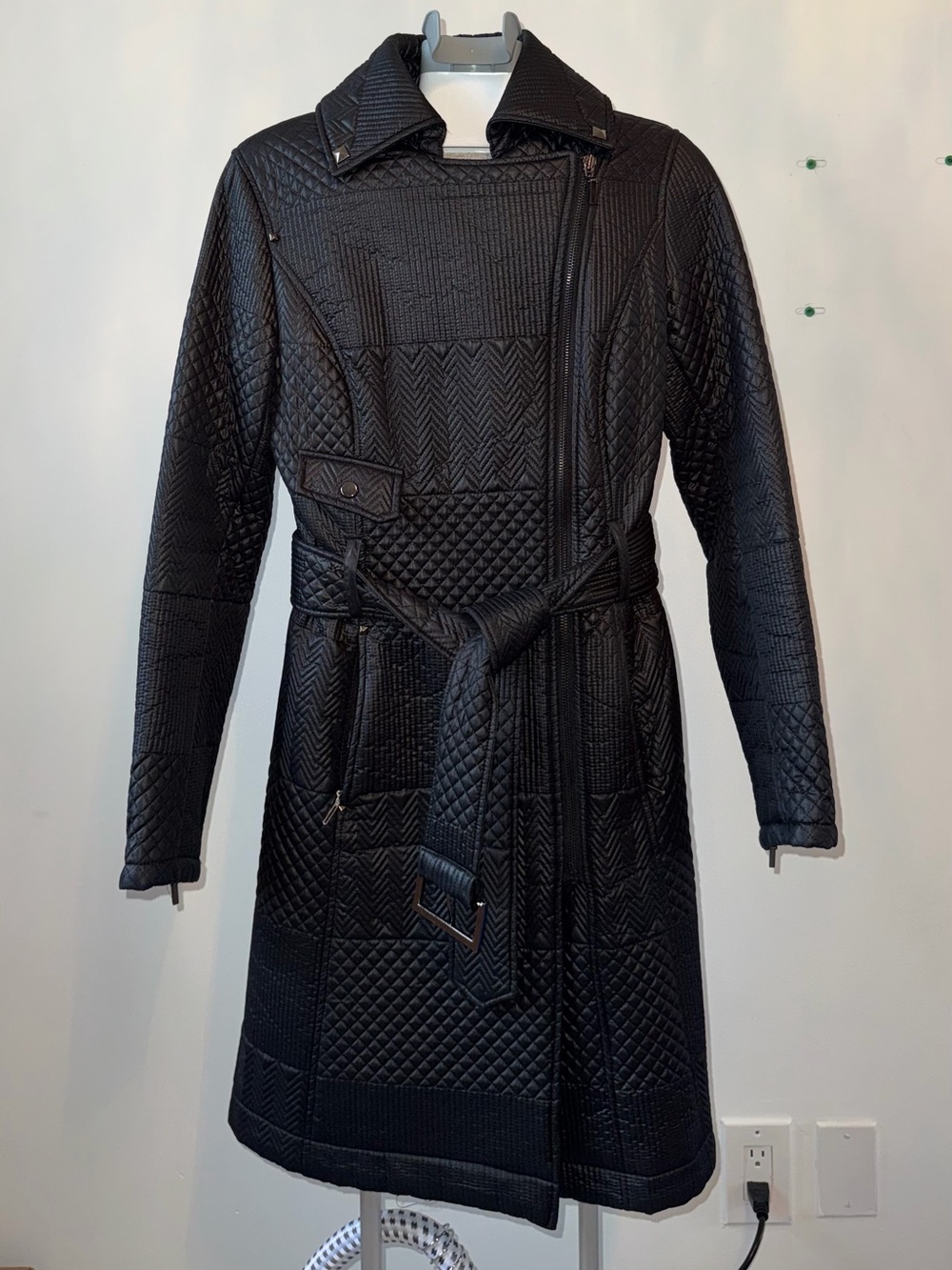 Kenneth Cole New York Black Quilted Belted Trench Coat